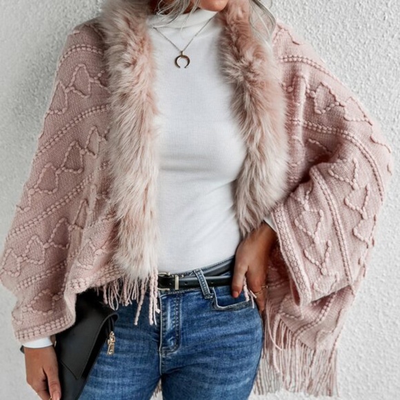 Classic Dusty Pink Vegan Fur Tassel Hem Open Front Cardigan Luxe - Picture 3 of 11